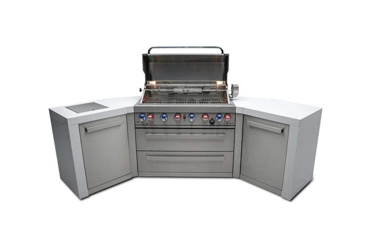 805 6-Burner 115000 BTU Mai805-D45 U-Shaped Stainless Steel Deluxe Modular Outdoor Kitchen BBQ Island Grill, Infrared Rear & Side Burner, Granite Countertops, Storage, Rotisserie Kit & Cover
