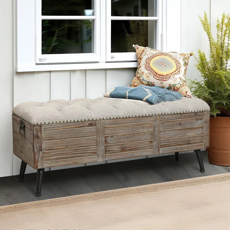 Elmont Natural Wood Upholstered Bedroom and Entryway Flip Top Storage Bench