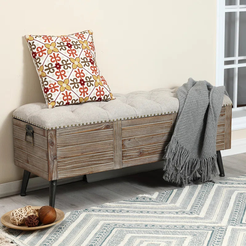 Elmont Natural Wood Upholstered Bedroom and Entryway Flip Top Storage Bench