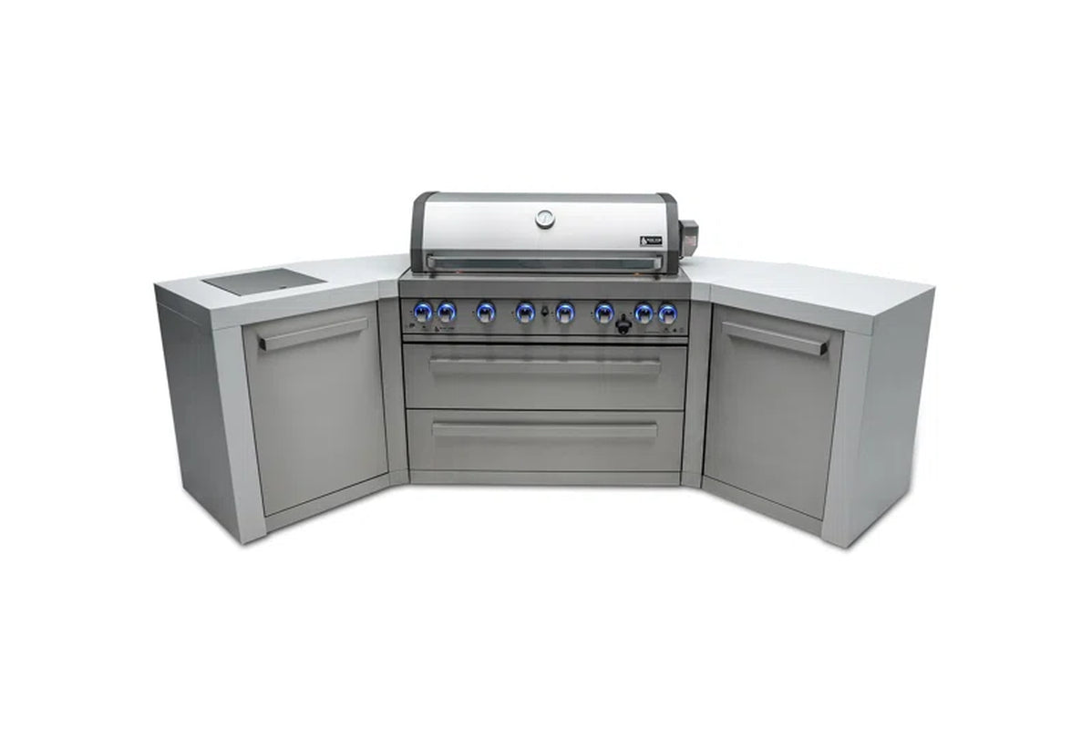 805 6-Burner 115000 BTU Mai805-D45 U-Shaped Stainless Steel Deluxe Modular Outdoor Kitchen BBQ Island Grill, Infrared Rear & Side Burner, Granite Countertops, Storage, Rotisserie Kit & Cover