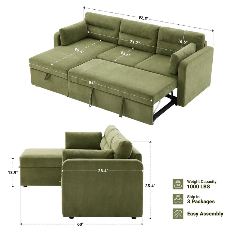 92.5'' Corduroy L Shape Sofa Bed with Large Storage