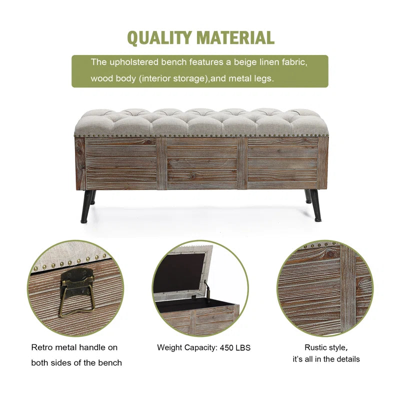 Elmont Natural Wood Upholstered Bedroom and Entryway Flip Top Storage Bench