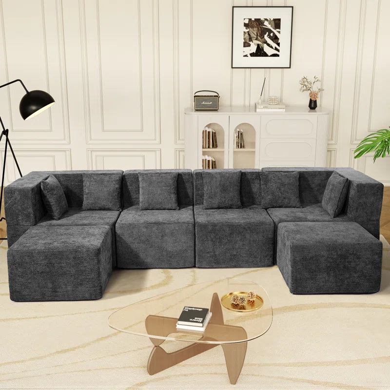 129"Cloud Modular Sectional Sofa with 2 Ottoman,Modern Minimalist Upholstered Couches, Comfort U Shaped Sofa for Living Room,Deep Seat Corner Couch,No Assembly Required