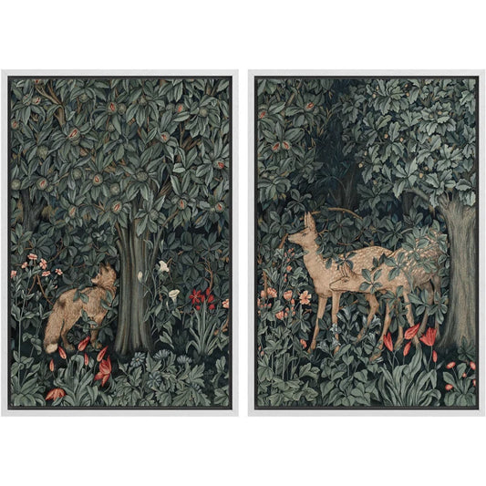 Animals in Woodland Forest Nursery Decor Tapestry - Framed Canvas Bedroom Wall Art 2 Pieces Print