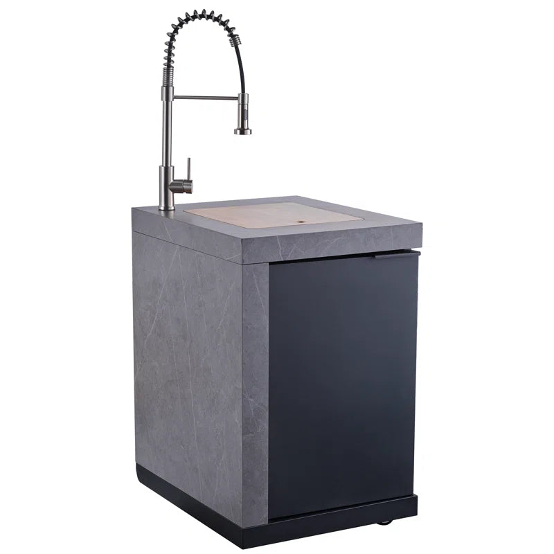 Rimini Outdoor Kitchen 30" BBQ 62,600 BTU, 3 Burners with Sear & Rotisserie, 2.4 Cu.Ft. Beverage Center, Stainless Steel Sink, Black Cabinets & Gray Sintered Stone Countertops
