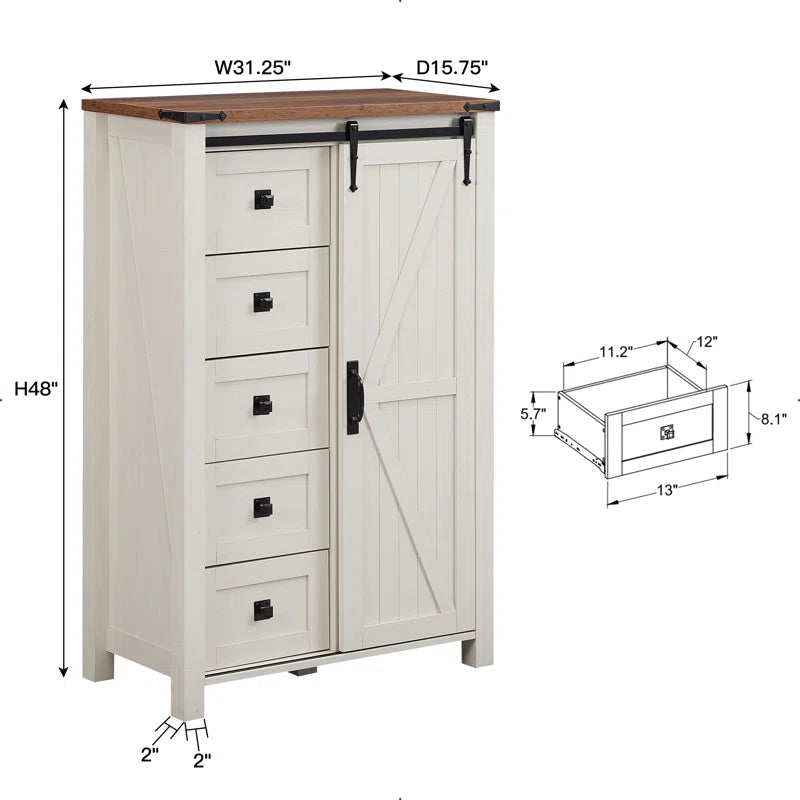 Farmhouse 5 Chest of Drawers, Tall Drawers Dresser with Sliding Barn Door