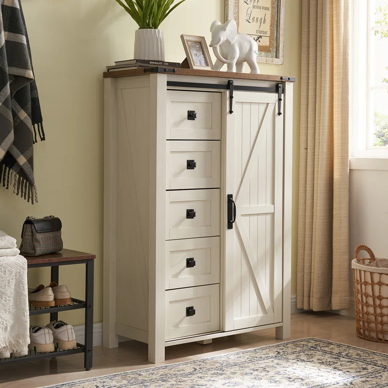 Farmhouse 5 Chest of Drawers, Tall Drawers Dresser with Sliding Barn Door
