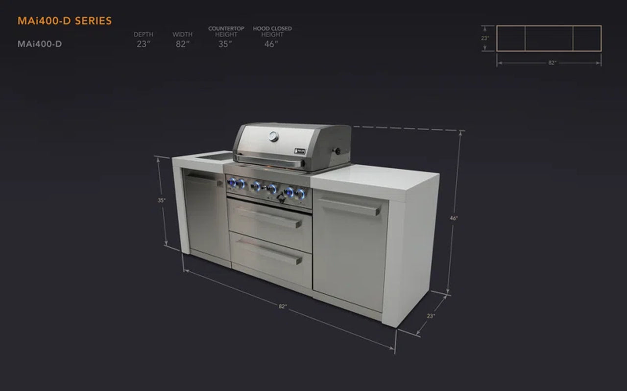 Mai400-D 32-Inch 4-Burner 78000 BTU Deluxe Stainless Steel Gas Outdoor Kitchen Barbecue Island Grill W/Infrared Side & Rear Burners + Rotisserie Kit + Storage Cabinets + Granite Countertops