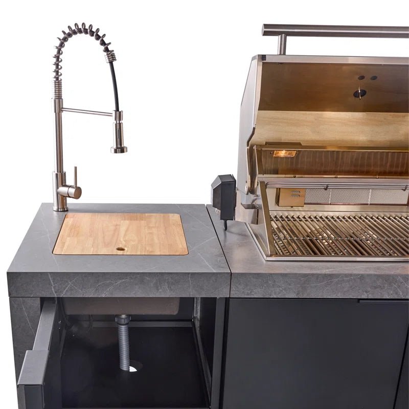 Rimini Outdoor Kitchen 30" BBQ 62,600 BTU, 3 Burners with Sear & Rotisserie, 2.4 Cu.Ft. Beverage Center, Stainless Steel Sink, Black Cabinets & Gray Sintered Stone Countertops